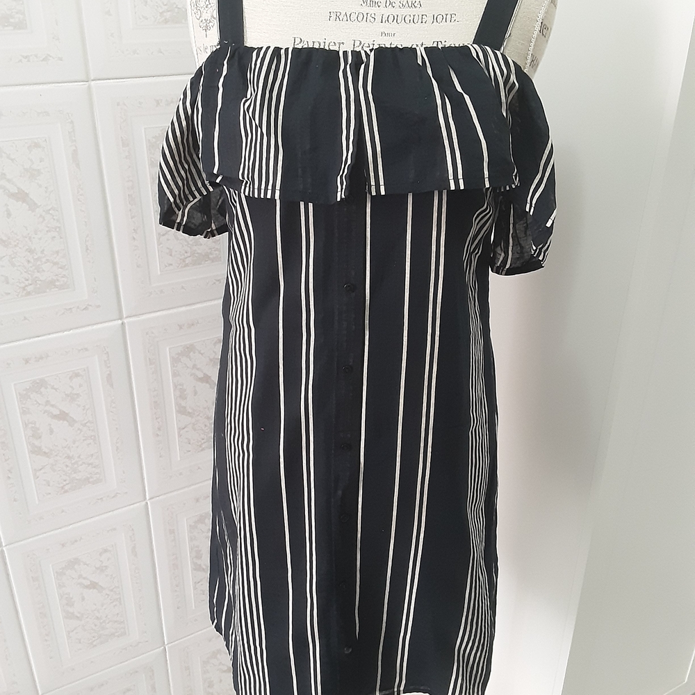 Blue and White Striped Off-Shoulder Dress